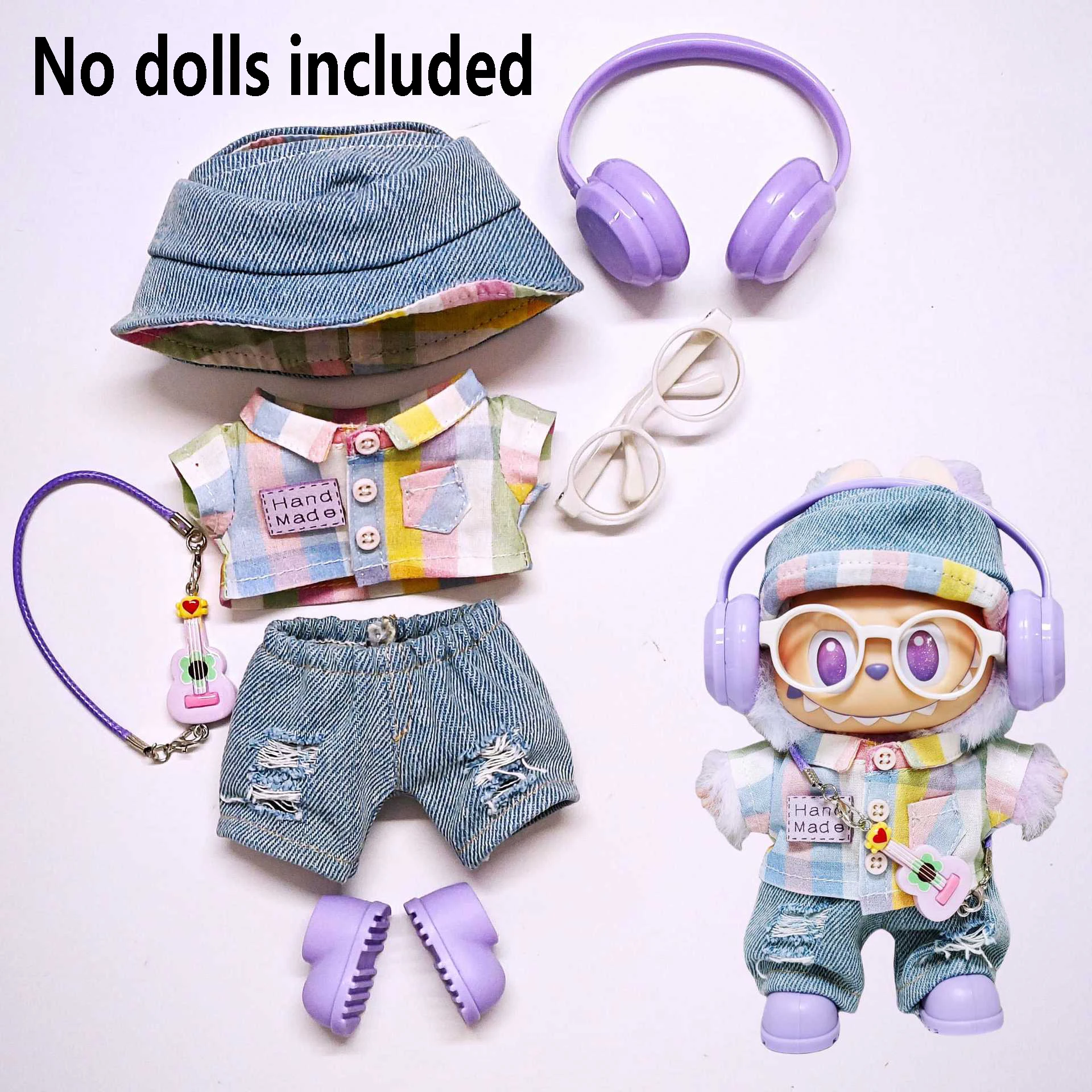

For Labubu High-quality Kids' Clothing 15cm - 17cm Cute Rainbow Checkered Shirt Set For Labubu Universal Clothing