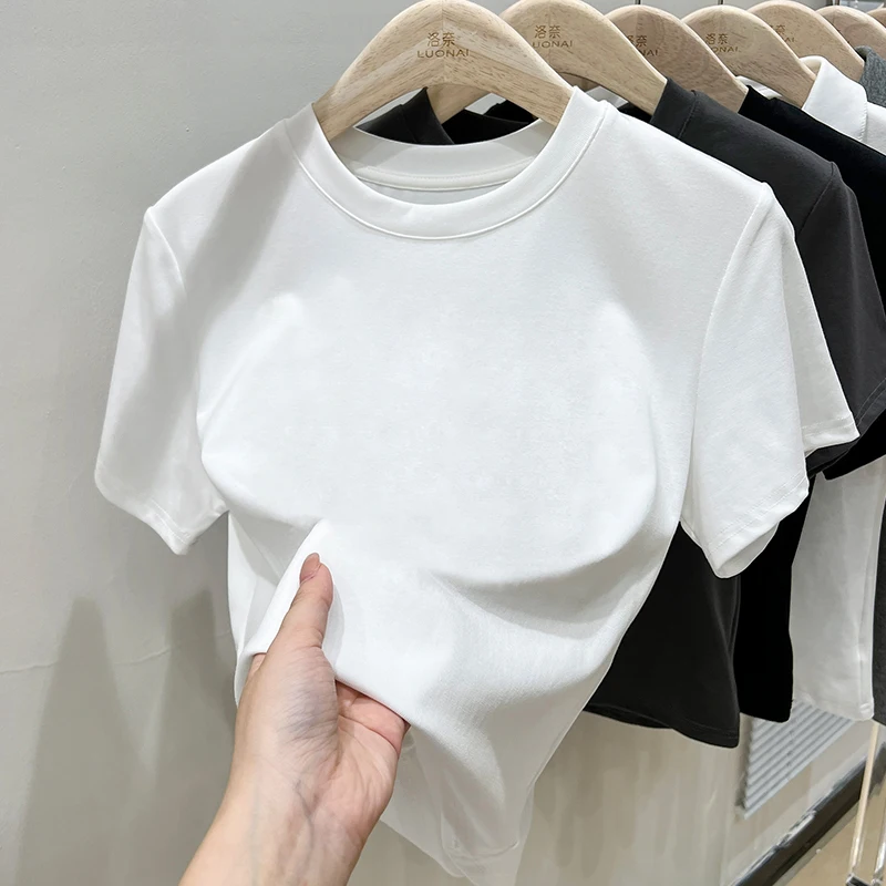 Vintage Solid Color T Shirt Women Y2k Crop Top O-neck Tee Streetwear Short Sleeve T-shirt Summer New Skinny Casual Tops