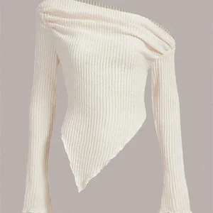 Bluse ohne Gurte mit weiblicher asymmetrischer Halsrippe, langer Ärmel, lässiger Pullover, Schalscheide, Grunge, Monochrom, Herbst, Winter 8 Hauptverkäufe Ötenblusen - №4