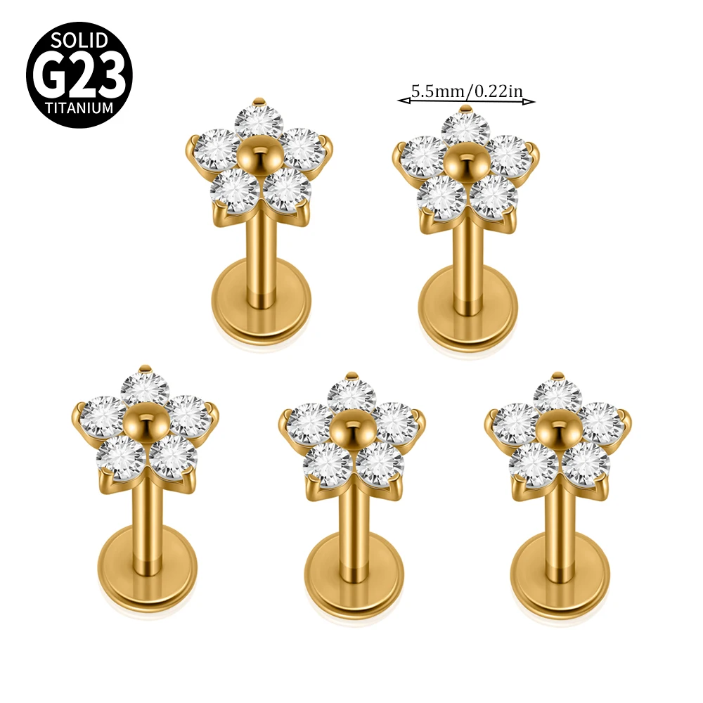 1/5PCS F-136 Implantat Titan Verschiedene Größe Blume Zirkonia Labret 16G Innengewinde Knorpel Helix Lappen Ohrring Piercing – Detail 12