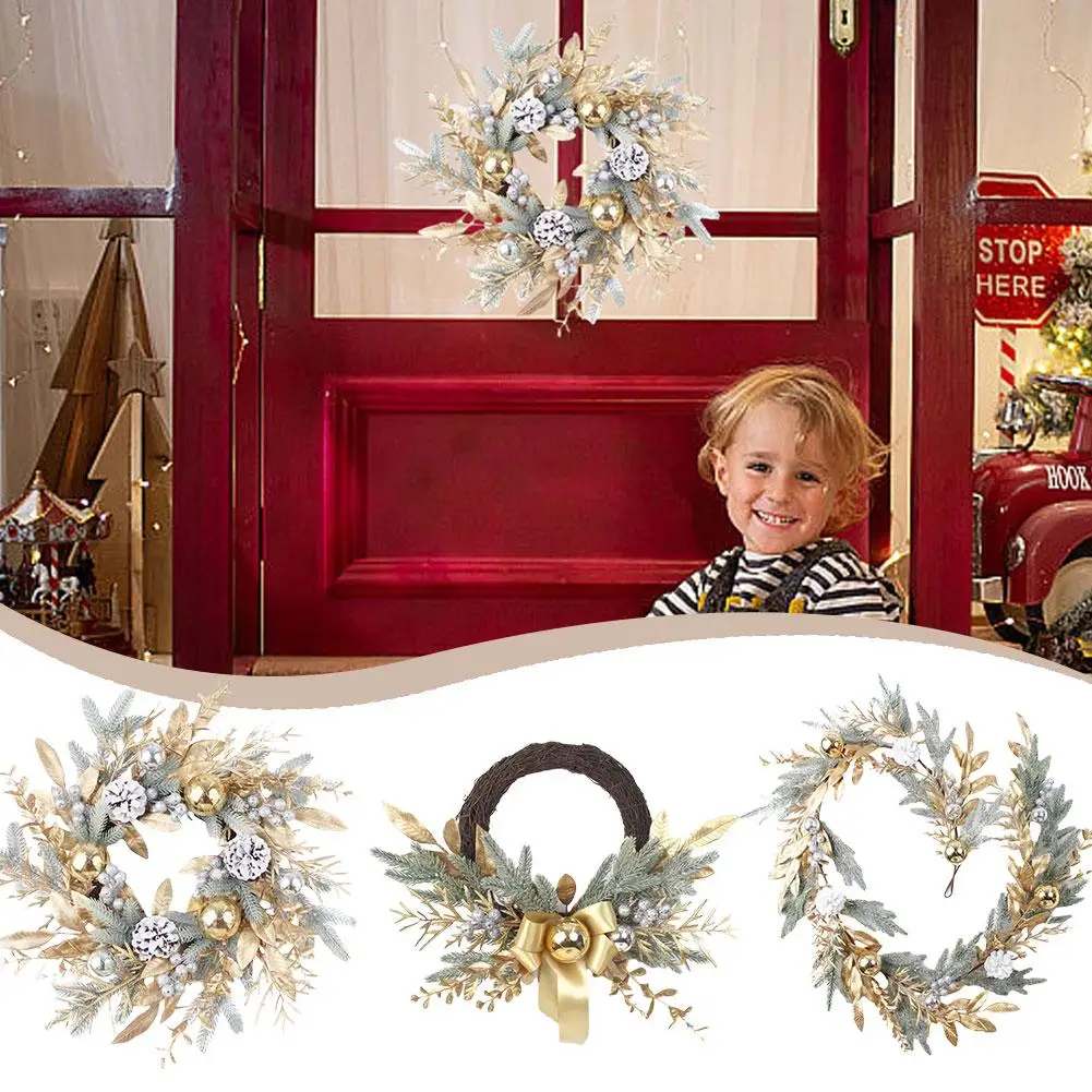 Christmas Front Door Wreath Silver Gold Pine Cone Snow Hanging Party Rattan Frost Needle Door Decor Door Pine Ball Rat I8O0