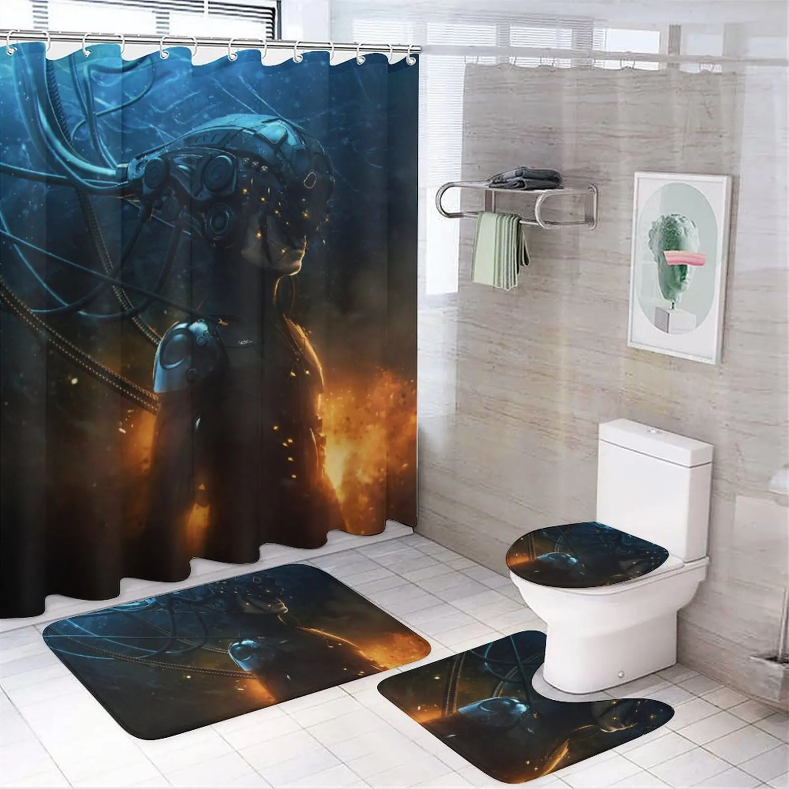 Set of 4 Printed Shower Curtain Decoration Bathroom Waterproof Cover Screen Cushion Toilet  Cover