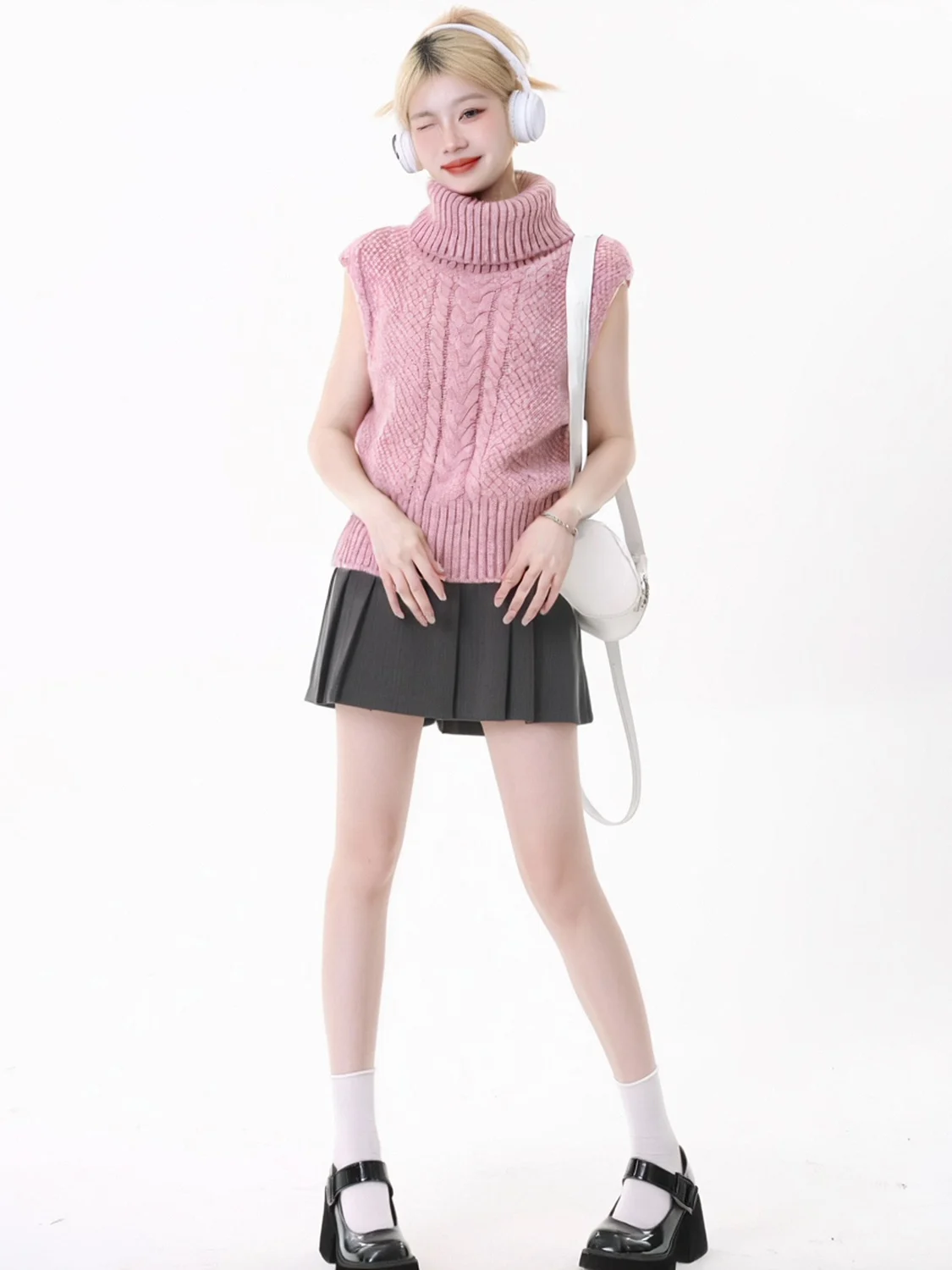 

High Collar Svel Knitted Sweater Vest Women's Loose Outerwear Top Layered Clothing Autumn Winter Faion Trend
