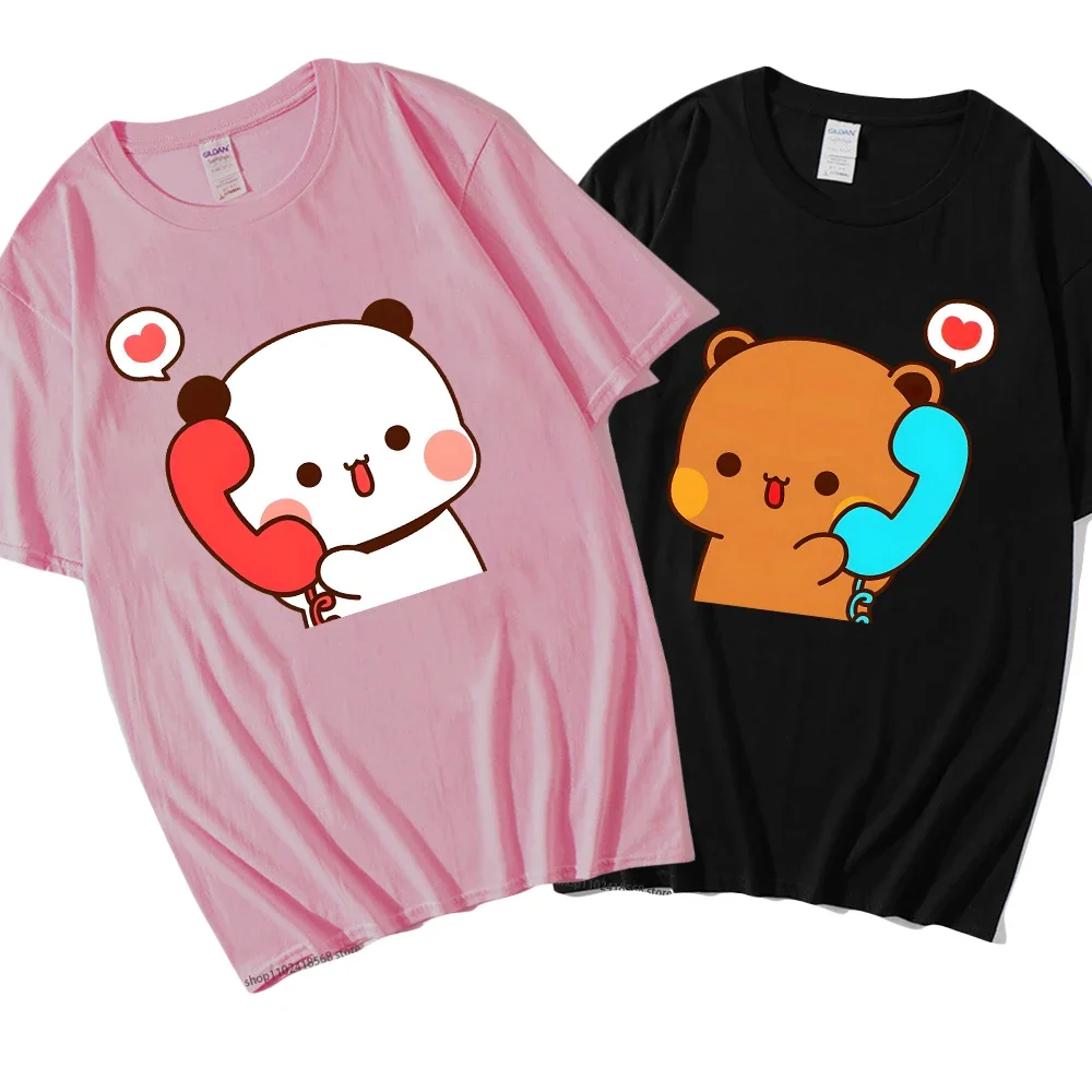 Couple T-Shirts Bubu Is Making A Call with Dudu Tshirt 100% Cotton Clothes Men/Women Panda and Brownie Bear Graphic Tops Summer