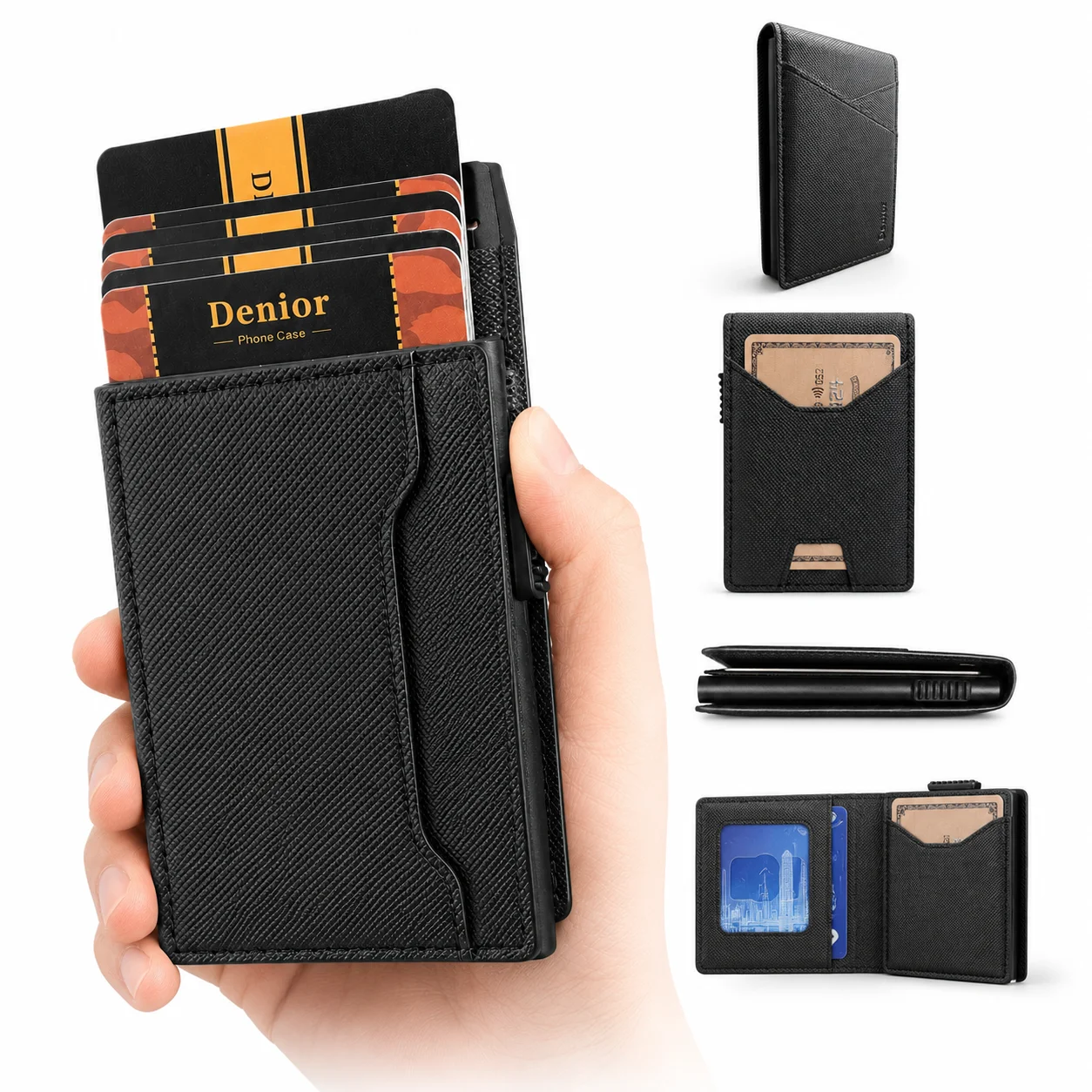 

Denior Mens RFID Blocking Pop Up Wallet PU Leather Card Holder With ID Window Side Push Eject And Front Pocket Profile