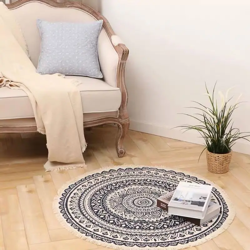 Nordic Ins Cotton and Linen Floor Mats Ethnic Style Circular R90cm Carpets Door Floor Mats Non Slip Bedrooms Bohemian Style Rugs