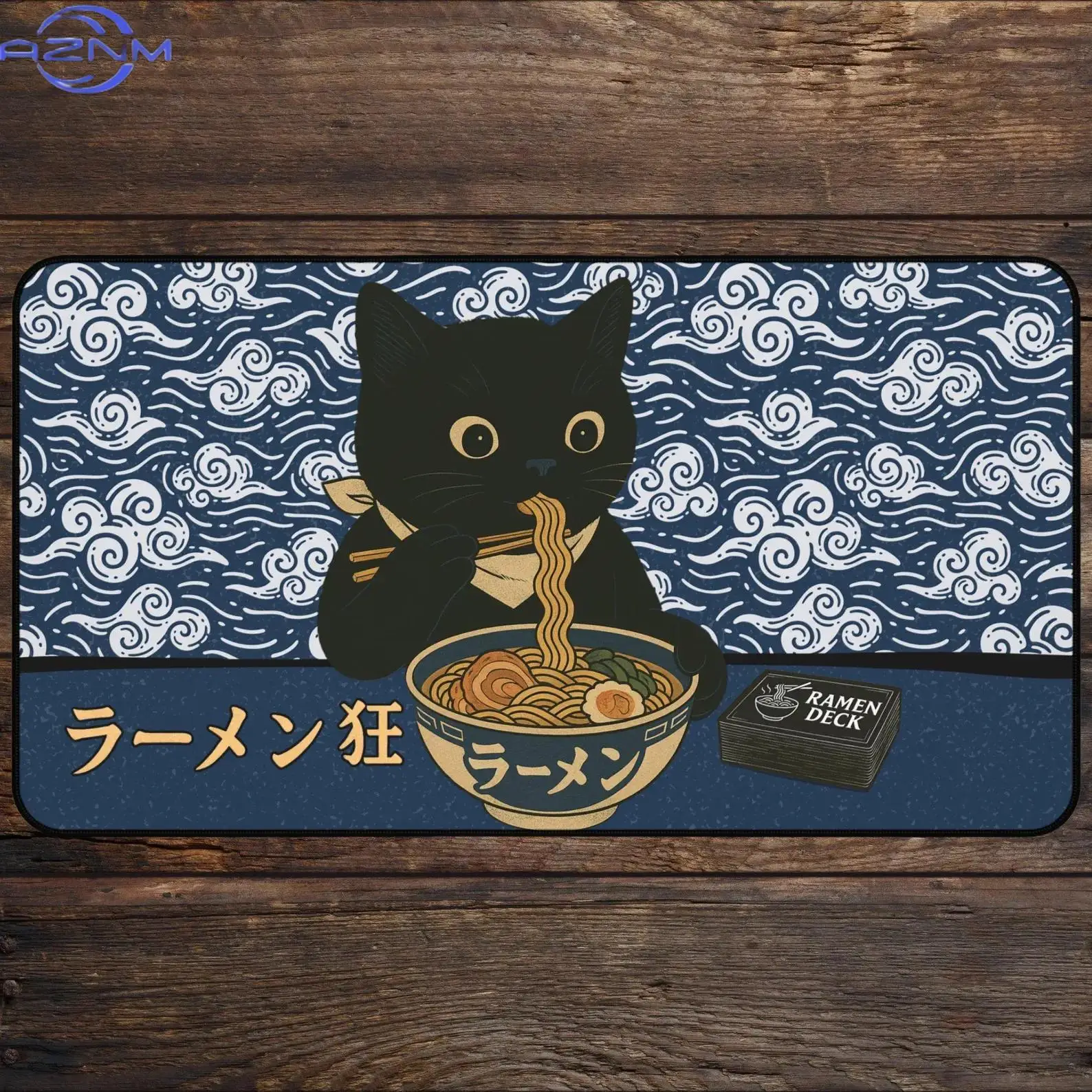 Japanese‑Style Black Cat Eating Ramen Mouse Pad, Traditional Wave‑pattern Non‑Slip Gaming Desk Mat