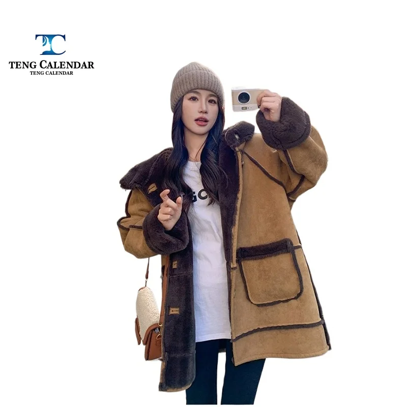 Artificial Suede Coat, Maillard Color Added Velvet and Thickened Hooded Fur Integrated Coat, Women's Winter 2024 New Model