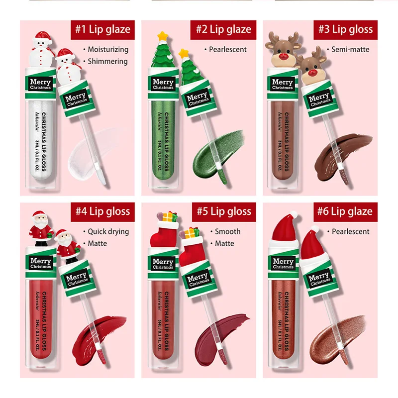 6-kleuren kerstlipgloss, glanzend en hydraterend, inclusief kerstmanvormen lipglazuur, feestelijk vakantiemake-upcadeau voor meisjes