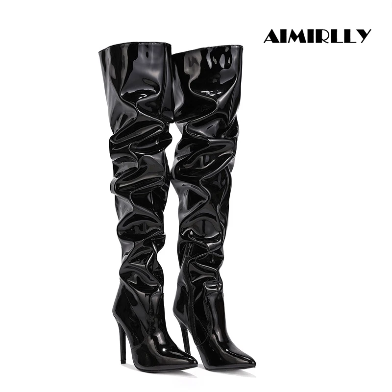 

Модные женские сапоги выше колена, зимние высокие сапоги на высоком каблуке с острым носком, черные, красные, на молнии из лакированной кожи