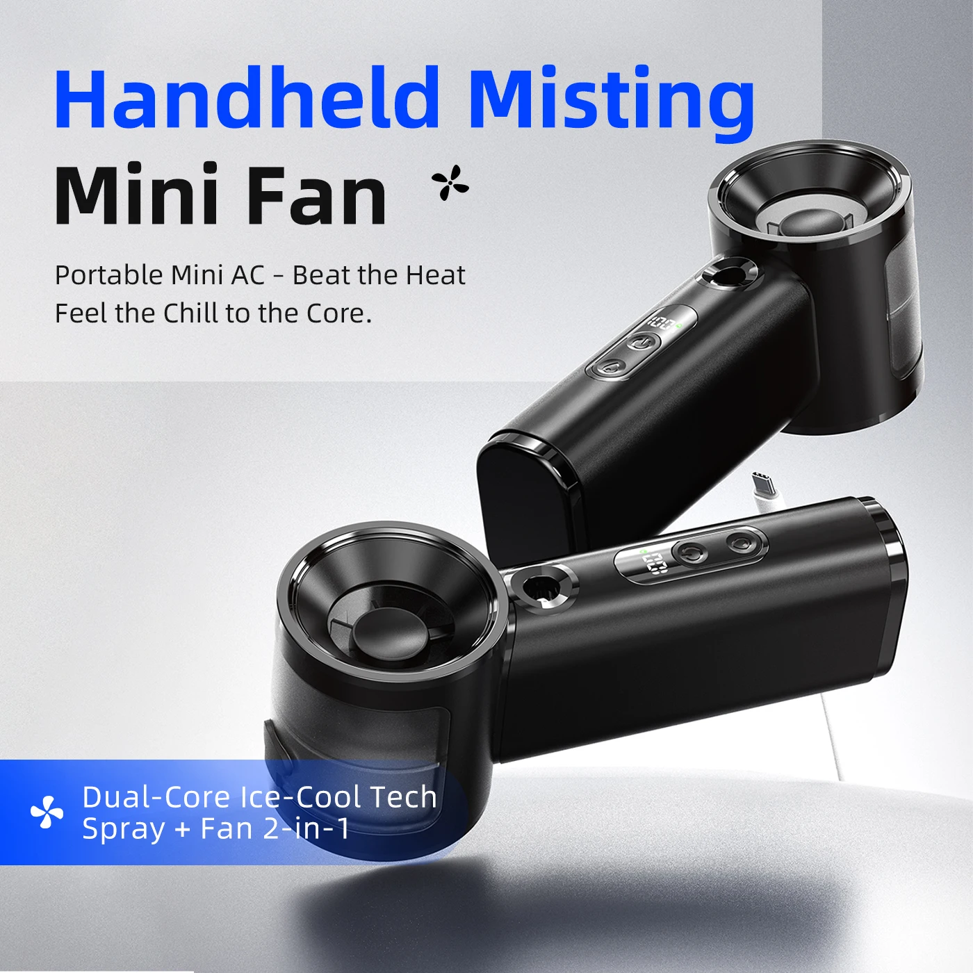 

Handheld Misting Mini Fan, Dual-Core Ice Cool, 7-Blade Vortex Wind, LED Display, 2-in-1 Spray Portable Rechargeable Cooling Fan