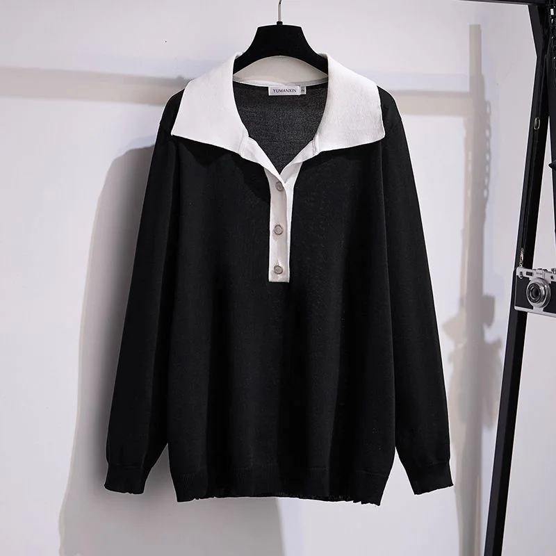 

New autumn and winter collar versatile knitted sweater fashion casual long sleeved contrasting pullover top