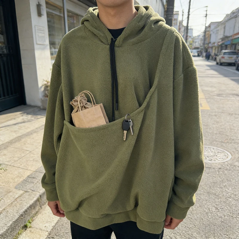 

Men's Fleece Hoodie Oversized Large Pocket Warm Sherpa Pullover for Autumn Winter Casual Student Sweatshirt Big Storage Pocket