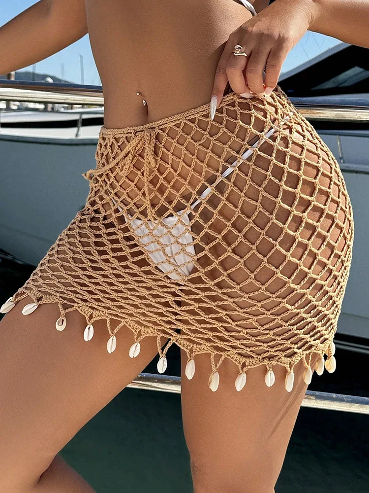 Women Crochet Cover Up Hollow Shell Short Beach Dress Mini Skirt Cover Up Bikini Swimsuit Dress Bathing Suits Beach Short Dress