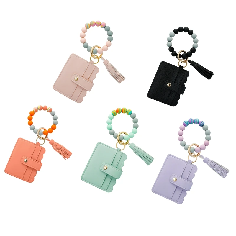 Wristlet Keychain Bracelet Credit Card Holder Wallet Key Ring Silicone Tassel Keychain Beaded Bangle For Women