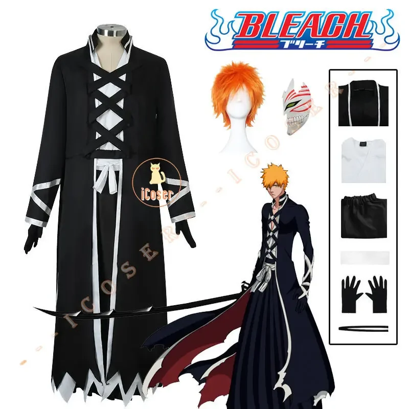 Anime Bleach Kurosaki Ichigo Cosplay Costume Thousand-Year Blood War Wig Black Shinigami Attire Outfit Uniform Halloween Men Set