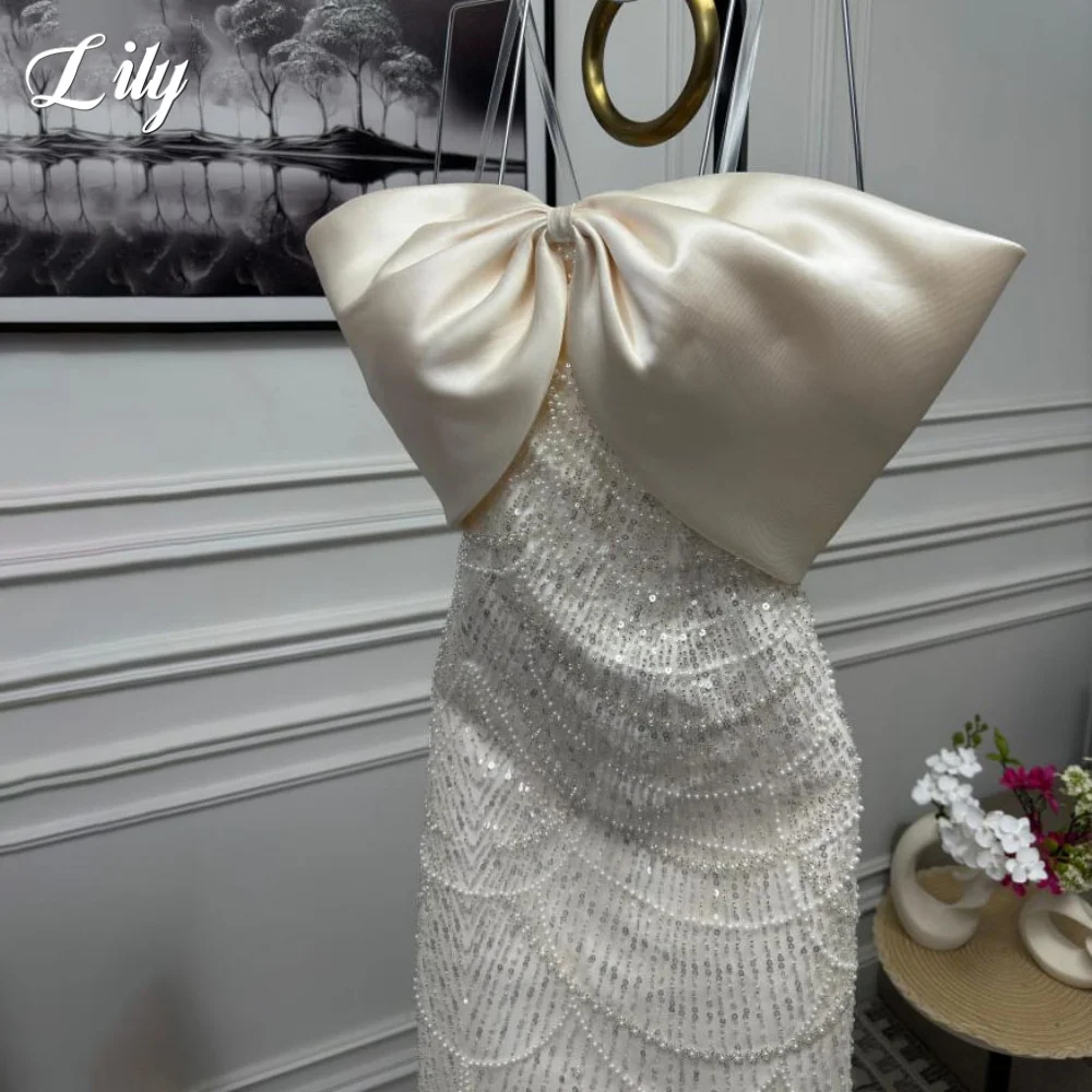 リリー アイボリー パーティードレス オフショルダー トランペット イブニングドレス ビーズ付き 結婚式用 カスタマイズ可能