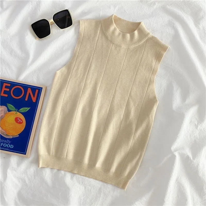 

Женский жилет, майка, однотонные вязаные футболки, укороченный свитер-бретелька, полуводолазка, весна-осень, без рукавов топ женский