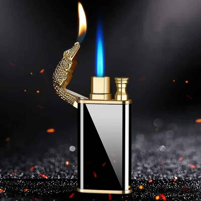 Double Fire Butane Lighter Metal Crocodile Blue Flame Cool Lighters Inflatable Windproof Open Fire Torch