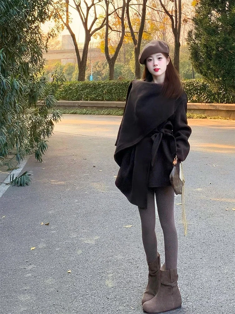 

Rich Girl ort Waist-Cinching Scarf oulder Wrap Coat Woolen Outerwear Women's Winter Tweed Coat Simple Sle Long Sve