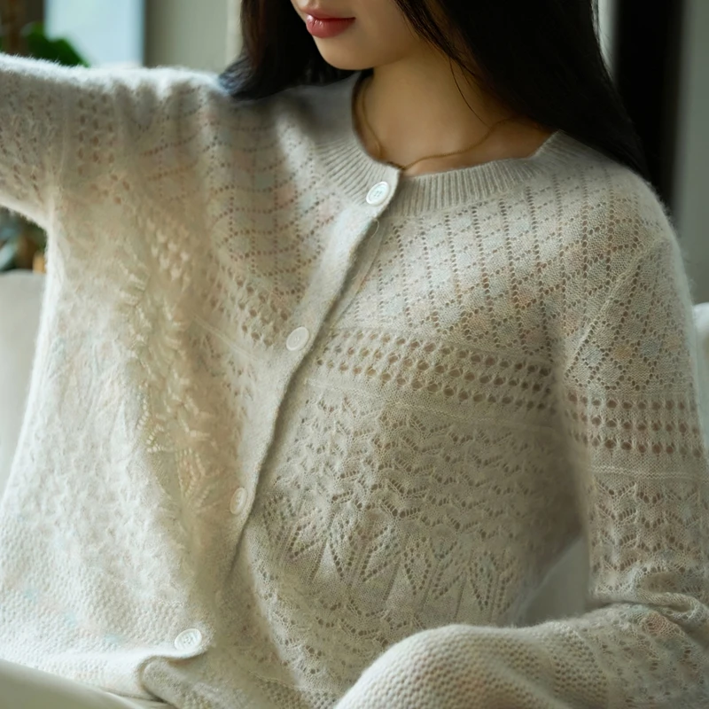 

Chic Women 100% Wool Cardigan Round Collar Sweater buttons Clothing Spring Autumn Winter Long Sleeve superfine wool Knitwear Top