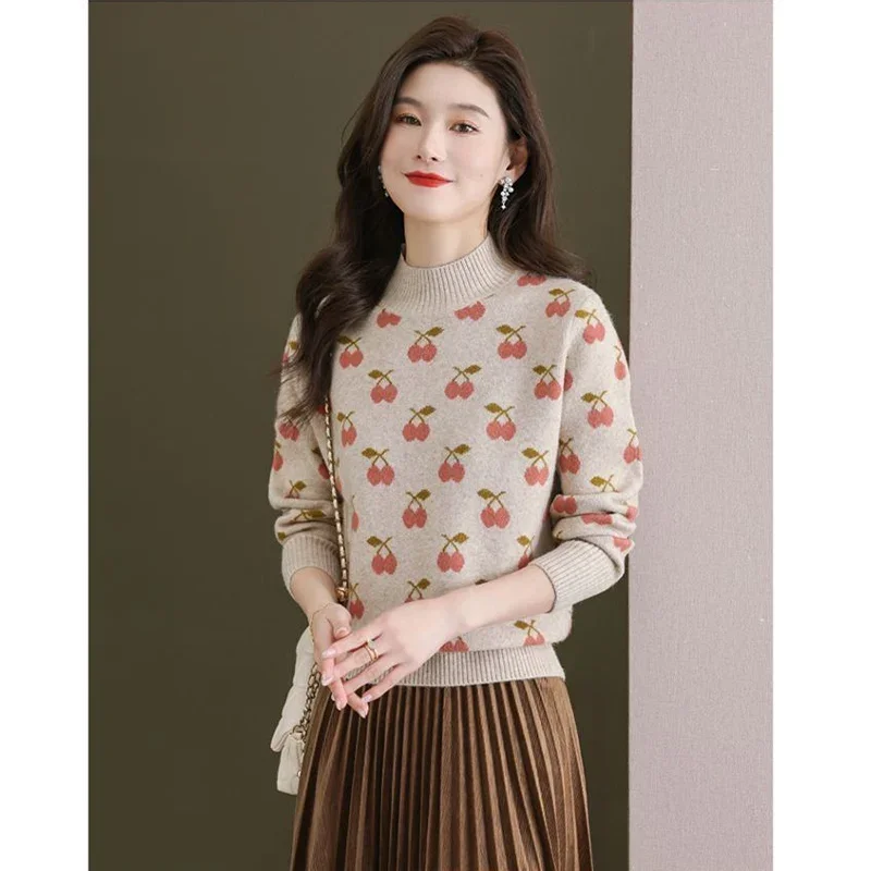 Women Clothing High-quality Wool Sweater Half High Collar Jacquard Knit Casual Loose Tops Female Winter Simple Fashion Jumper