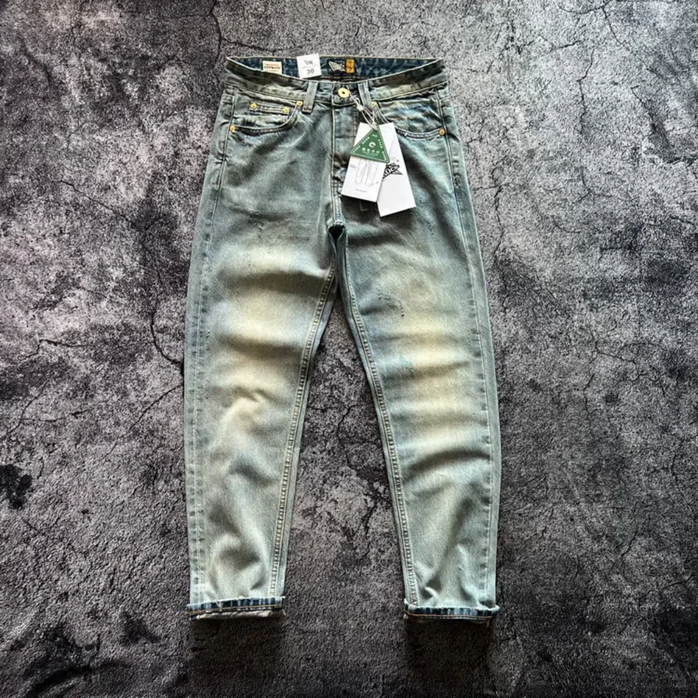 

Vintage cotton narrow Red ear heavy slim-fit straight tube light blue and white denim khaki denim pants trend
