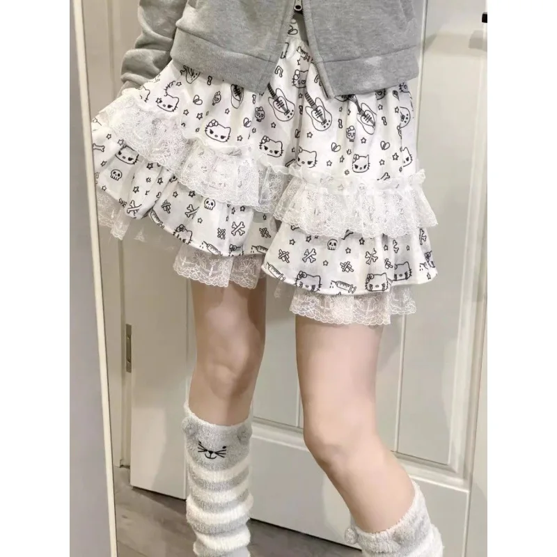 Spicy Girl Short Skirt Dark Printed Lace Half Body Skirt Women's Subculture Puff Cake  A-line Skirt