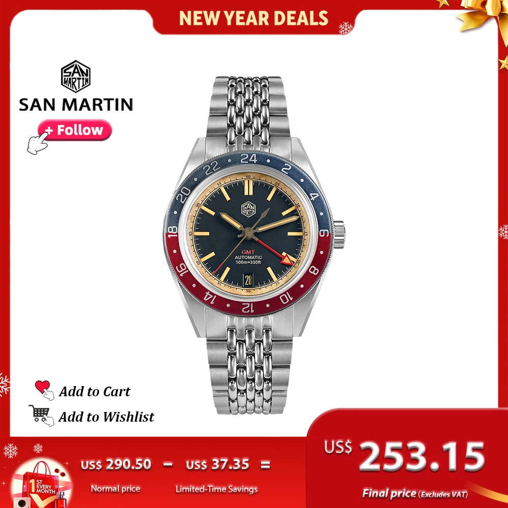 San Martin Watch Distressed Design 39.5mm Vintage Men GMT NH34 Automatic Movement with Steel Rice Bracelet reloj hombre SN0116