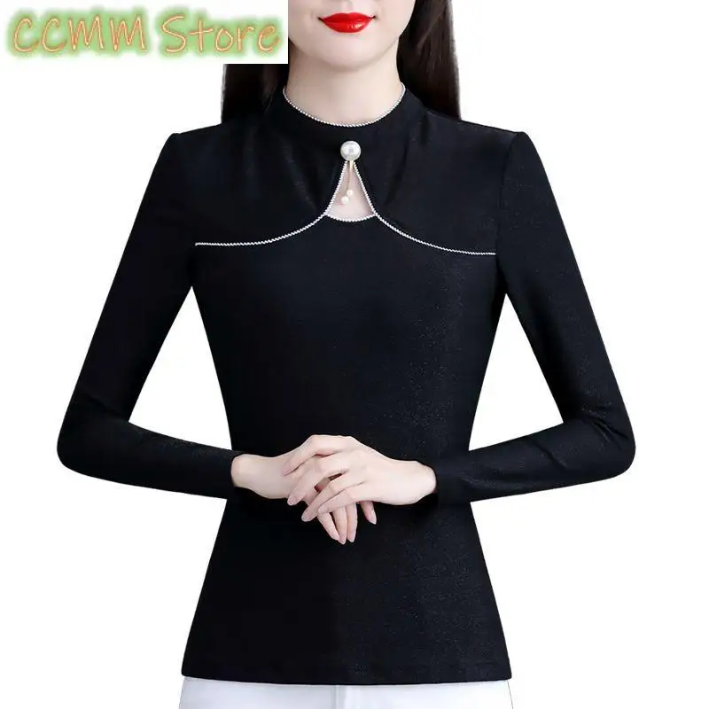 Elegant Clothing Black T-Shirts Autumn Half High Neck Long Sleeve Hollow Bottoming Vintage Fashion Temperament Slim Tops