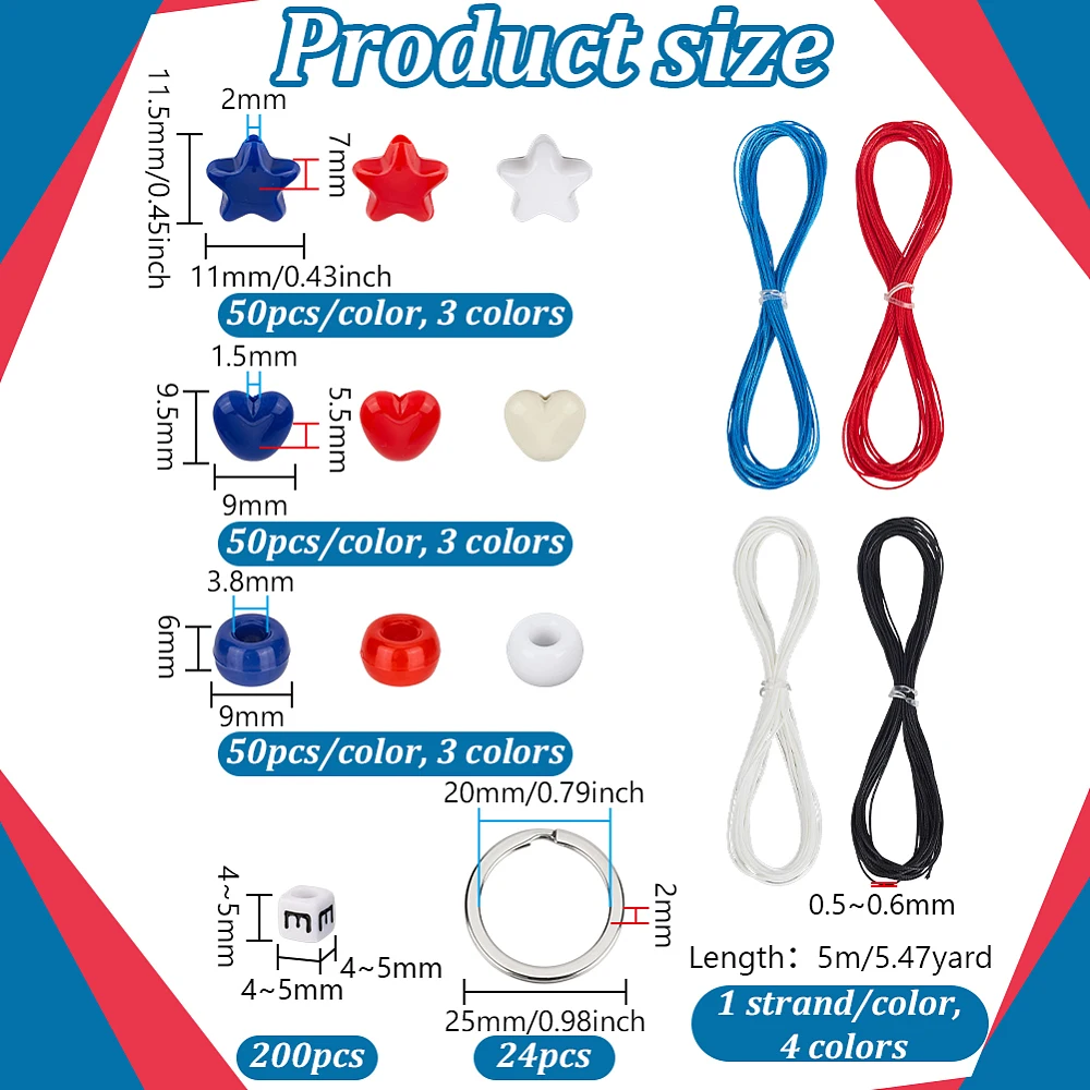 678pcs 4th of July Keychain Kit DIY Keychain Making Patriotic Heart Star Round Pony Bead Bulk Acrylic Beads with Keyring Waxed