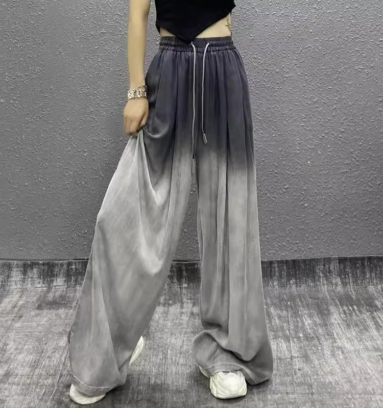 plus Size 300 Pounds Lightweight Gradient Color Casual Pants Women Summer High Waist Loose Versatile Wide Leg Floor-Length Tr...