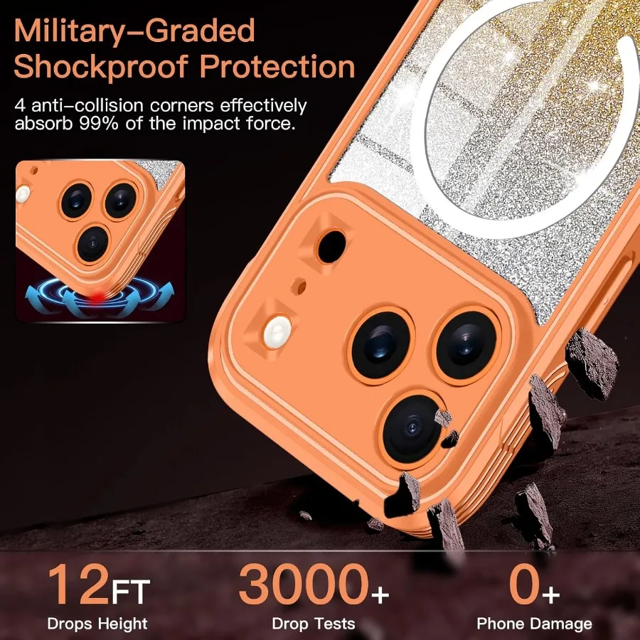 Orange Full Body Shockproof Protective Case for iPhone 17 Pro Max with Built-in Tempered Glass Screen Protector and Camera Lens