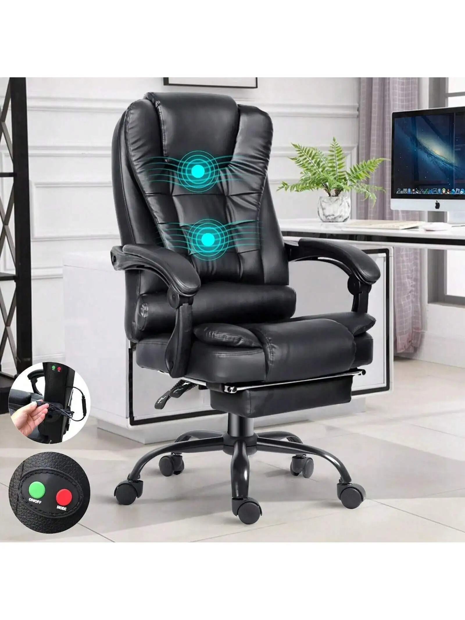 Sedia da ufficio ergonomica con funzione massaggio, sedia direzionale sedia da scrivania con braccioli poggiatesta poggiapiedi sedia da computer Nera