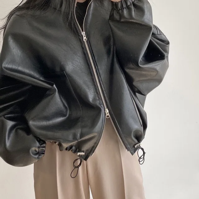 

Winter Punk Black Leather Jacket Women Outerwear Loose Zipper Cropped Leather Jacket Casual Moto Biker Streetwear Leather Coat
