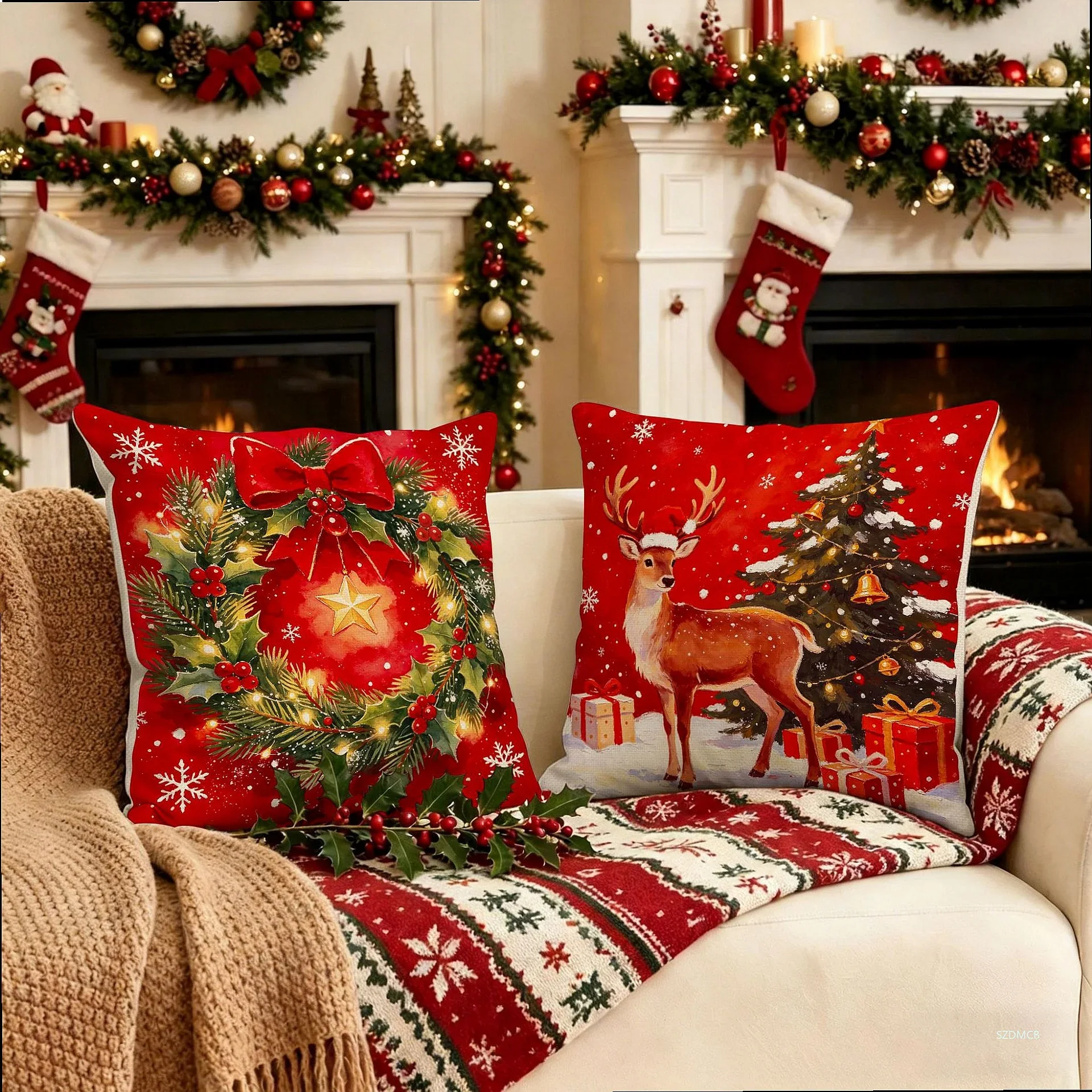 2026 Weihnachtskissenbezug Grau Rot Cartoon Weihnachtsmann Schneemann Elch Sofakissenbezug Heim Bett Auto Deko Frohe Weihnachten 45cm X 45cm – Detail 2