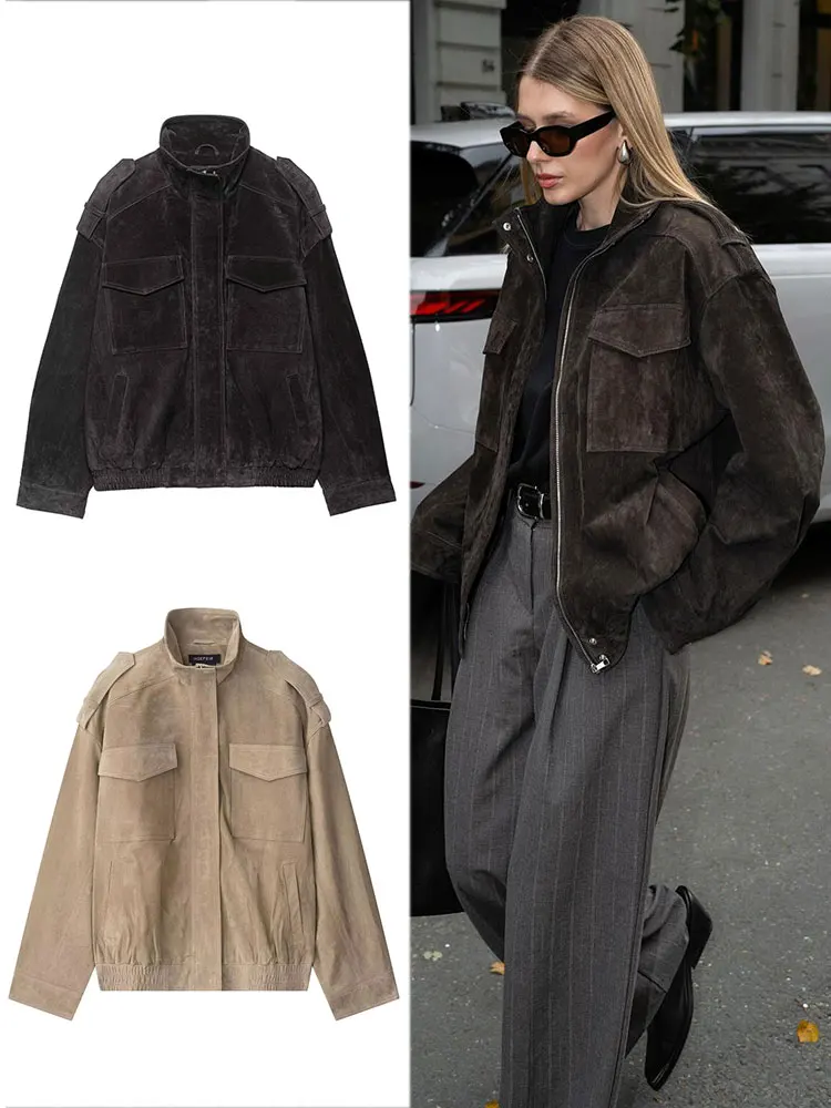 

HH Осенняя куртка для женщин, винтажная однотонная свободная куртка на молнии с длинными рукавами и карманами, женская новинка 2025 года, модная уличная одежда