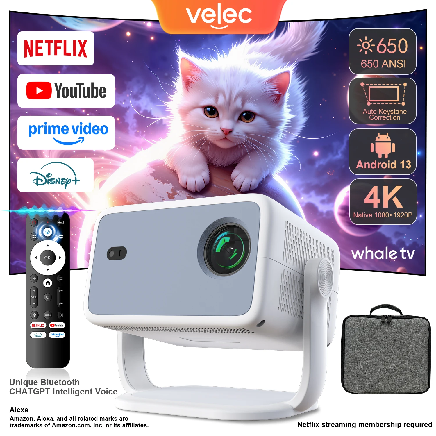 Velec Projector Compatible with Netflix 650ANSI Android 13 Portable 4K Native Wifi6 BT5.2 1080P TP350 Auto Keystone Correction