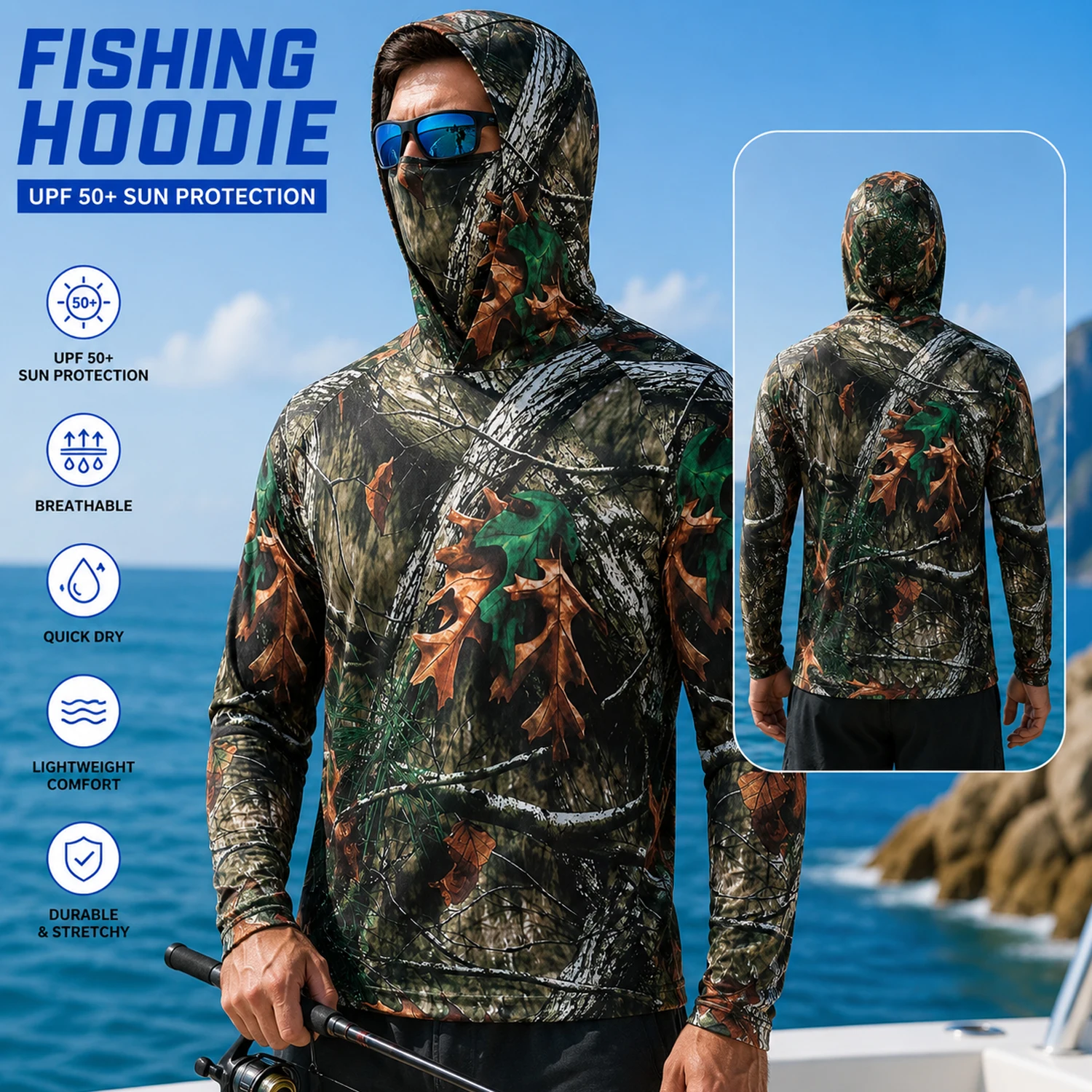 Fishing Hoodie for Men Lightweight Breathable Moisture Wicking Long Sleeve Sun Protection Shirt for Outdoor Sports and Angling