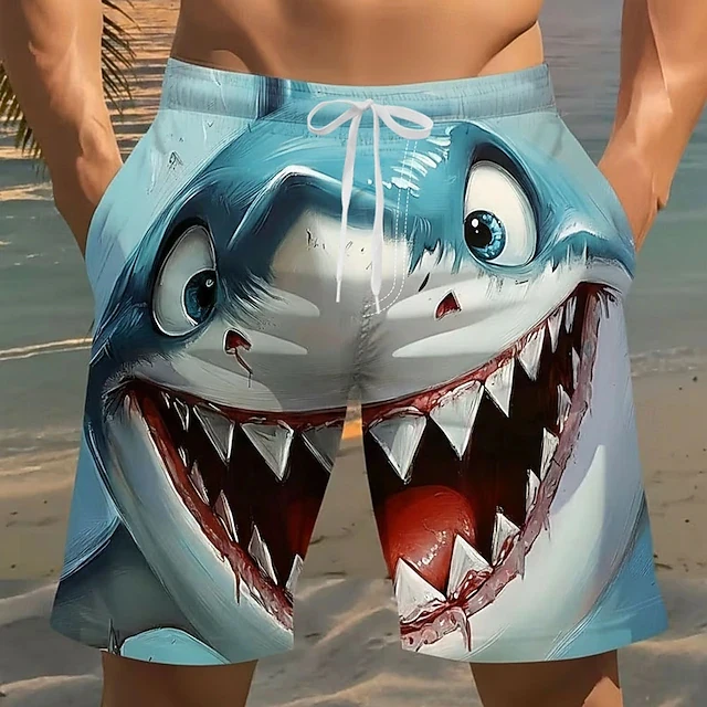 

Trendy Cartoon 3D Shark Print Beach Trunks Quick Dry Drawstring Waist Oversized Casual Swim Shorts Hip Hop Street Summer Bottoms