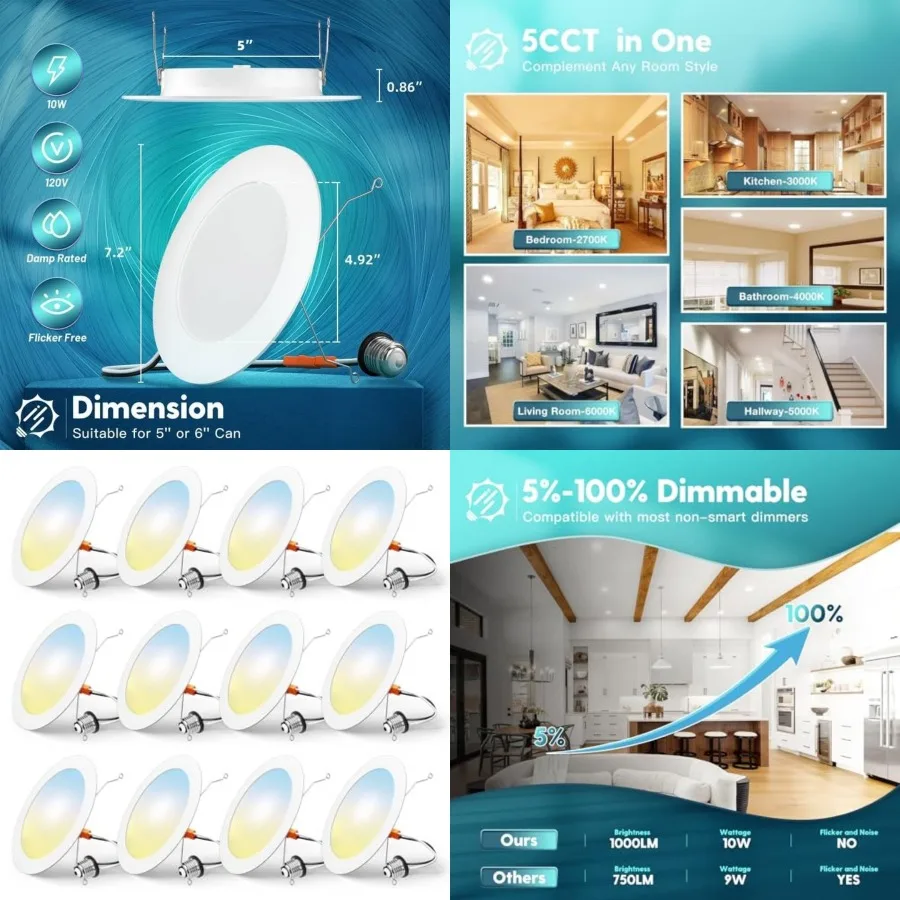 Pack Retrofit LED Recessed Lighting, Selectable 2700K/3000K/000K/5000K/000K, Dimmable Flat LED Can Lights, 10W=110W, 1000LM, IC