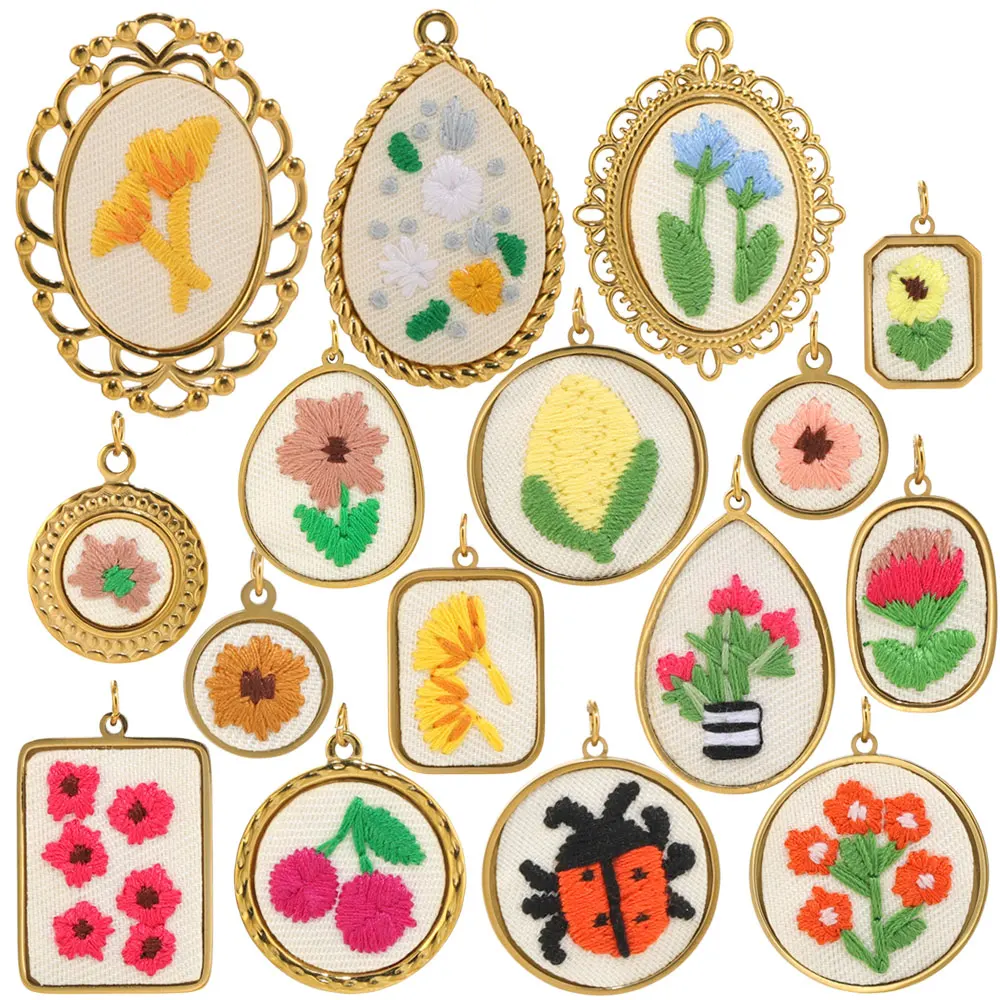2 Stück Edelstahl-Blumen-Stickerei-Anhänger für Schmuckherstellung, Cartoon-Pflanzen-Tier-Anhänger, DIY-Halsketten- und Ohrring-Zubehör – Detail 1