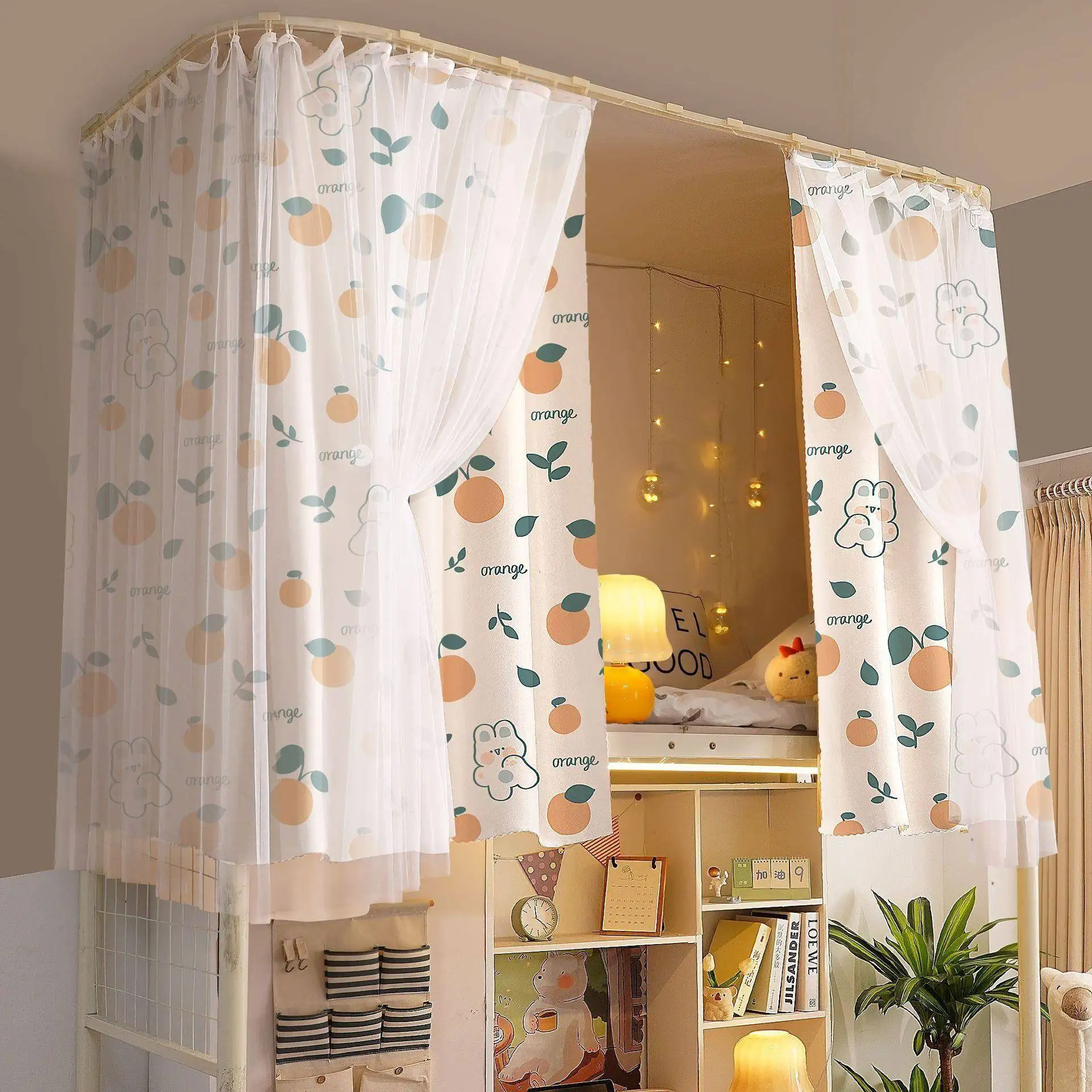 

Adhesive U-Shaped Track Bed Curtain Integrated Design Student Dormitory Upper Bunk Bed Light Blocking Curtain with Mesh