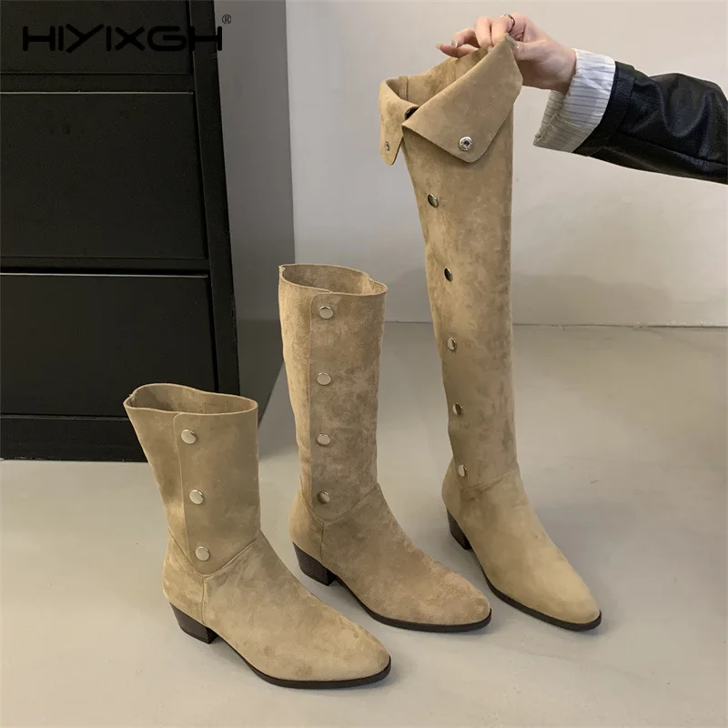 Cozy Women Boots Autumn Winter Soft Suede Button-up Boots Elegant Point Toe Square Low Heels Casual Modern Booties 