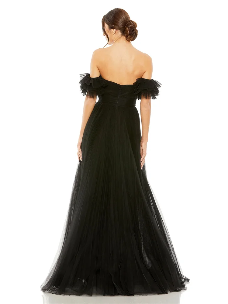 New Arrival Sweetheart Off The Shoulder Neckline Bodice Tulle A-Line Evening Dress Flutter Sleeves Back Zipper Gowns for Party