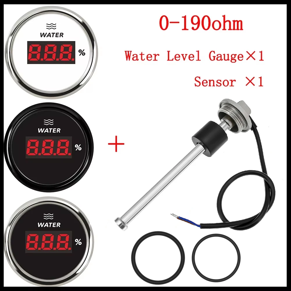 190OHM Water Level Gauge 52mm Digital Sensors Car Water Level Sensor Waterproof with Red Backlight for Yacht Marine Boat Car