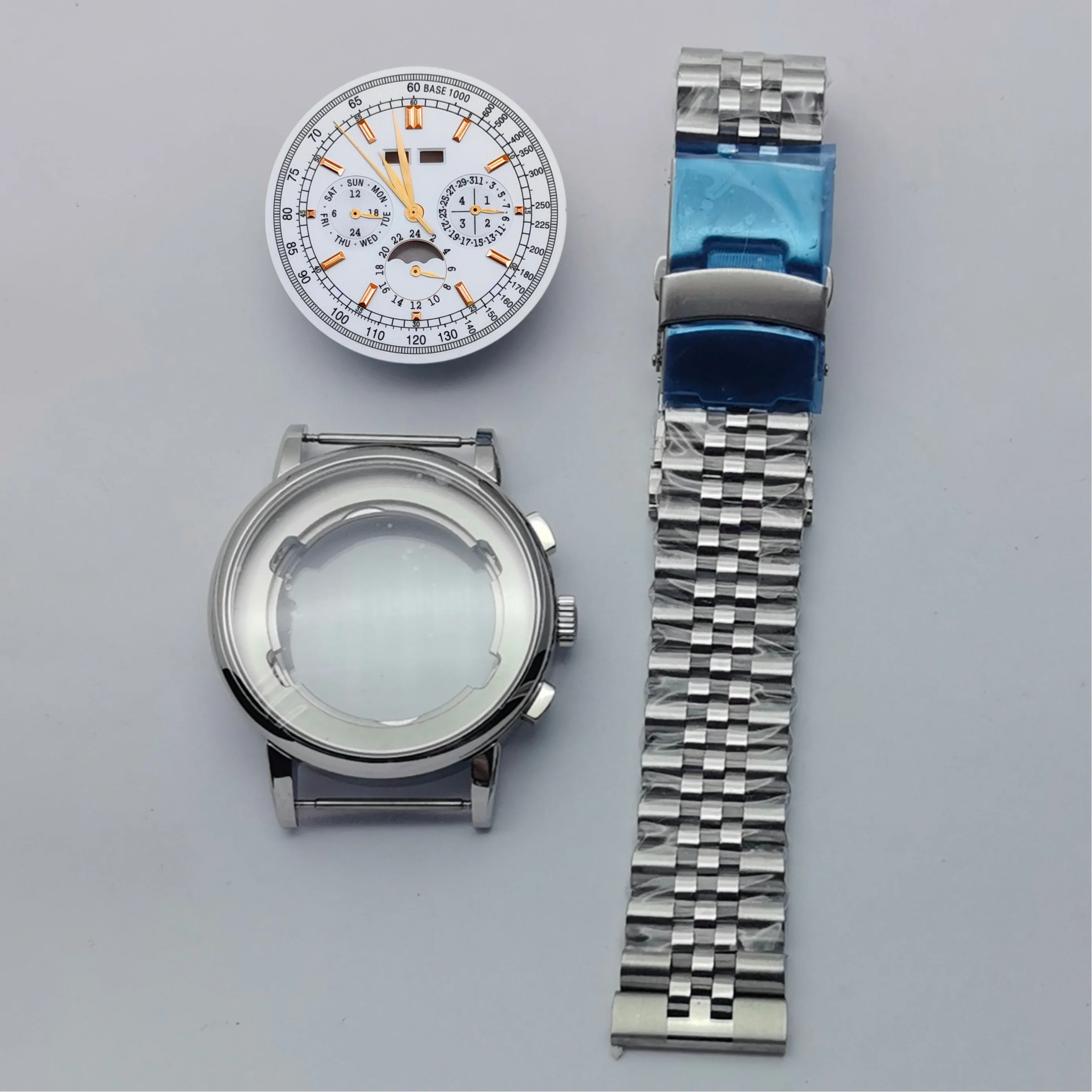 42mm Men Watch Case With Steel Strap Dial Add Hands Fit ST1655 Moon-phase, Annual Calendar & Month Mechanical Automatic Movement