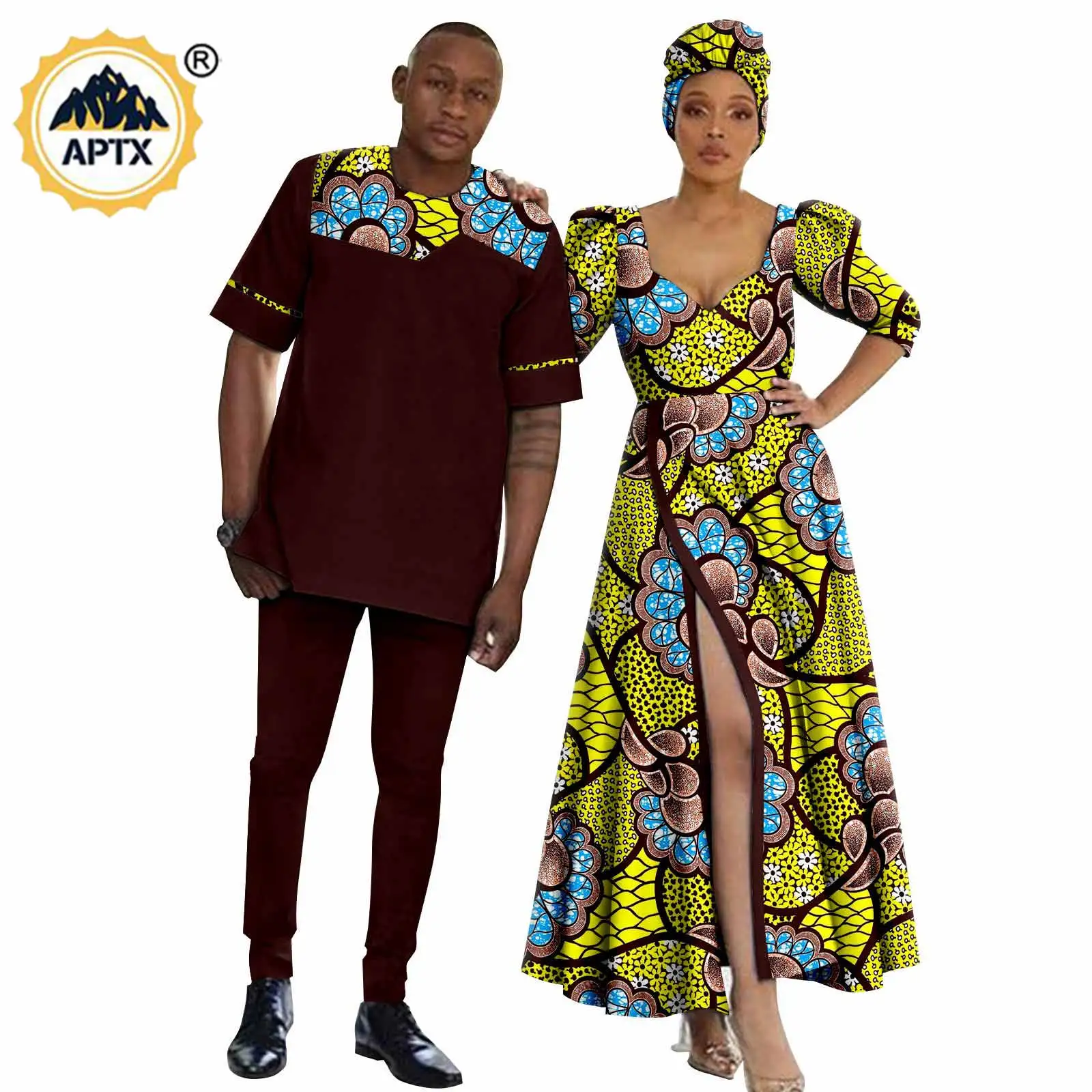 African Couples Clothes Women Long Print Split Dresses with Turban Head Wrap Dashiki Men 2 Pieces Shirt and Pants Sets Y22C071