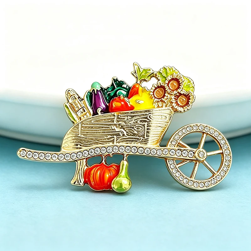 Wuli&baby Vintage Vegetable Cart Brooches For Women Unisex Rhinestone Enamel Pumpkin Fruits Harvest Wheelbarrow Casual Brooch
