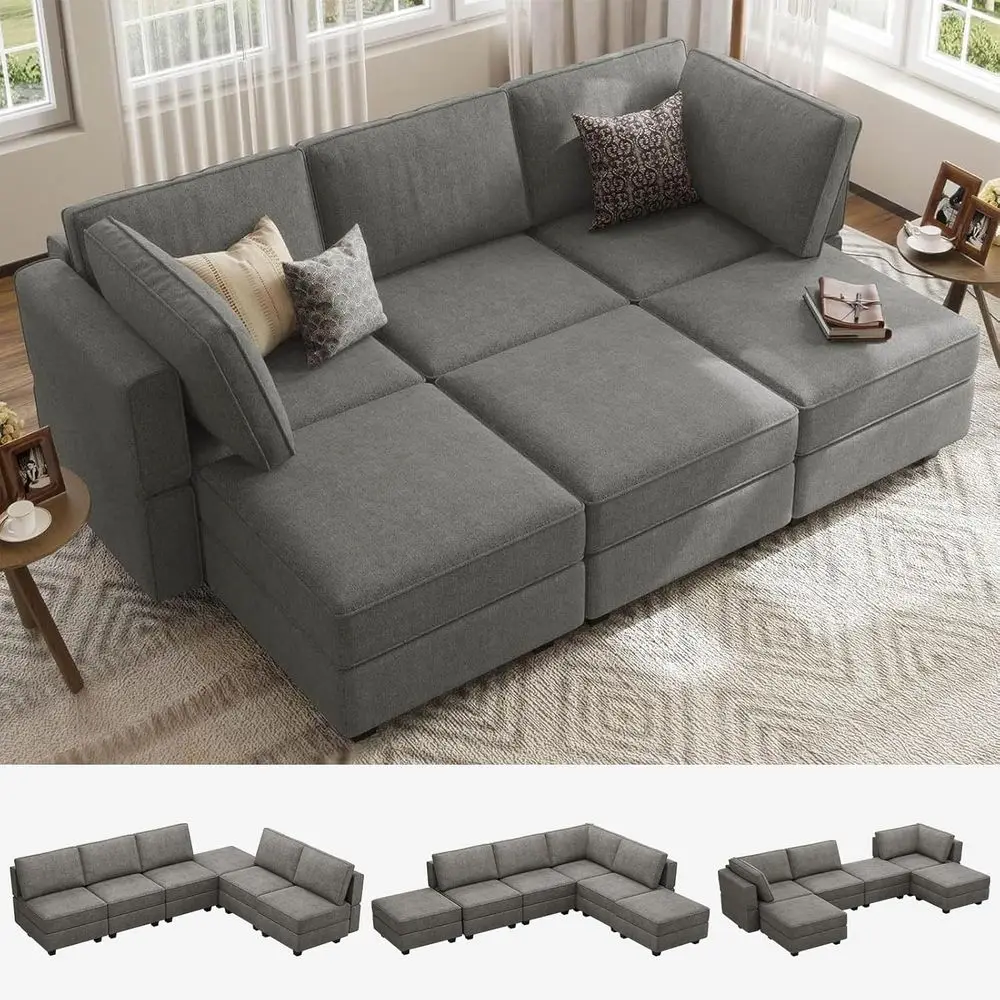 

Grey Sectional Sleeper Sofa with Storage, Convertible Couch, 6-Seat Living Room Furniture